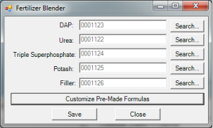 Options Tab in the Fertilizer Blender. Allows you to set your specific items and create custom pre-made formulas.